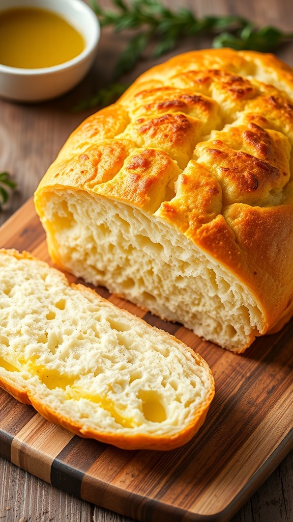 Cauliflower Bread Recipe Sliced cauliflower bread on a cutting board, showcasing its golden crust and soft texture, with herbs and olive oil in the background.